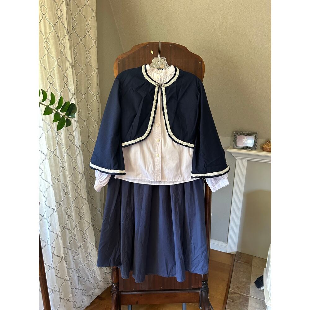 Blue jacket paired pleated skirt & vintage White top reenactment Victorian Med